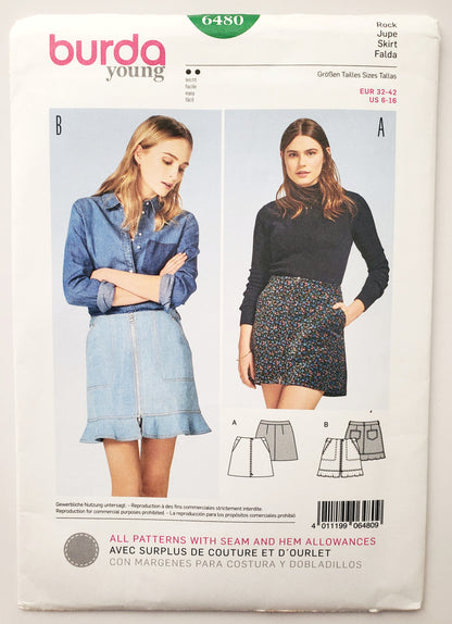 BURDA YOUNG, Sewing Pattern 6480, Short Skirt Variations, Skirt with Front Zip, Size 6-16