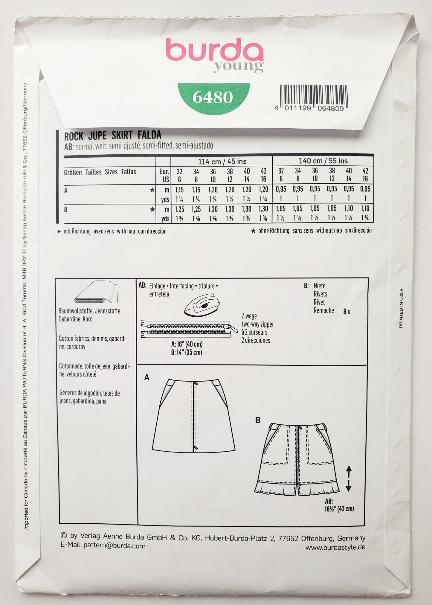 BURDA YOUNG, Sewing Pattern 6480, Short Skirt Variations, Skirt with Front Zip, Size 6-16