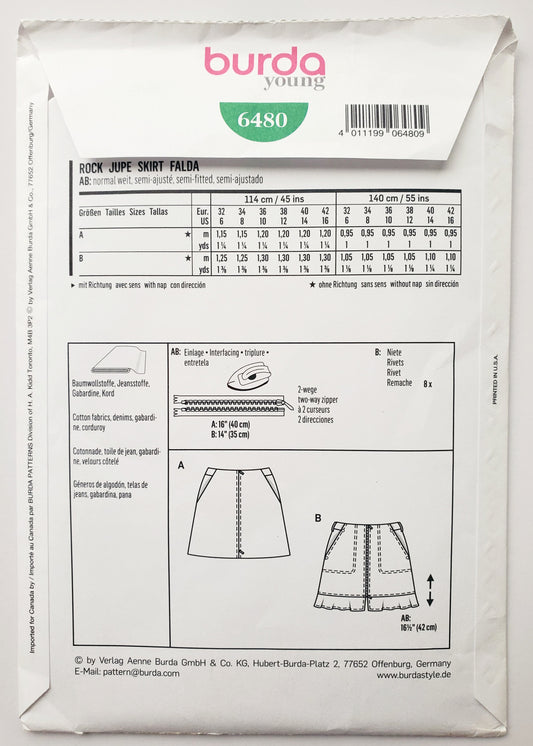 BURDA YOUNG, Sewing Pattern 6480, Short Skirt Variations, Skirt with Front Zip, Size 6-16