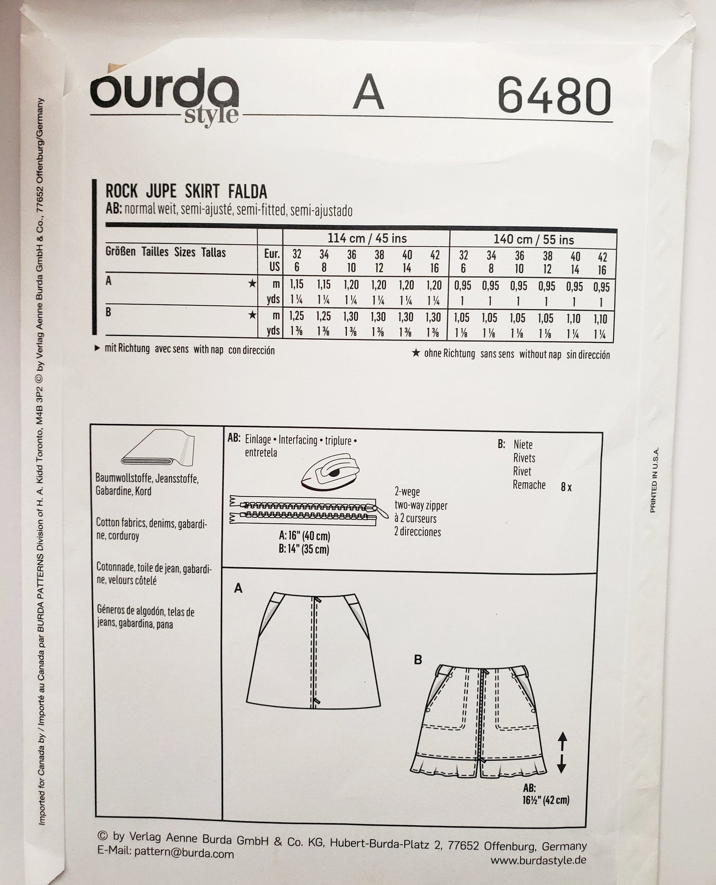 BURDA YOUNG, Sewing Pattern 6480, Short Skirt Variations, Skirt with Front Zip, Size 6-16