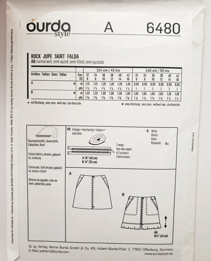 BURDA YOUNG, Sewing Pattern 6480, Short Skirt Variations, Skirt with Front Zip, Size 6-16