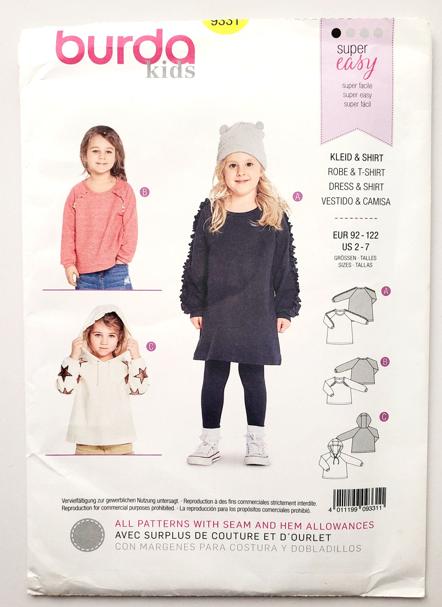 BURDA KIDS, Sewing Pattern 9331, Top, Jumper, Sweater, Hood, Kids, Girls, Size 2-7