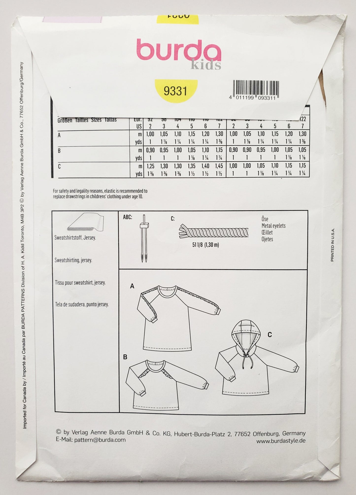 BURDA KIDS, Sewing Pattern 9331, Top, Jumper, Sweater, Hood, Kids, Girls, Size 2-7