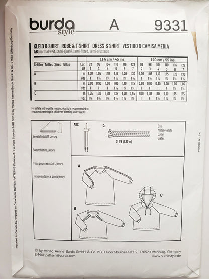 BURDA KIDS, Sewing Pattern 9331, Top, Jumper, Sweater, Hood, Kids, Girls, Size 2-7