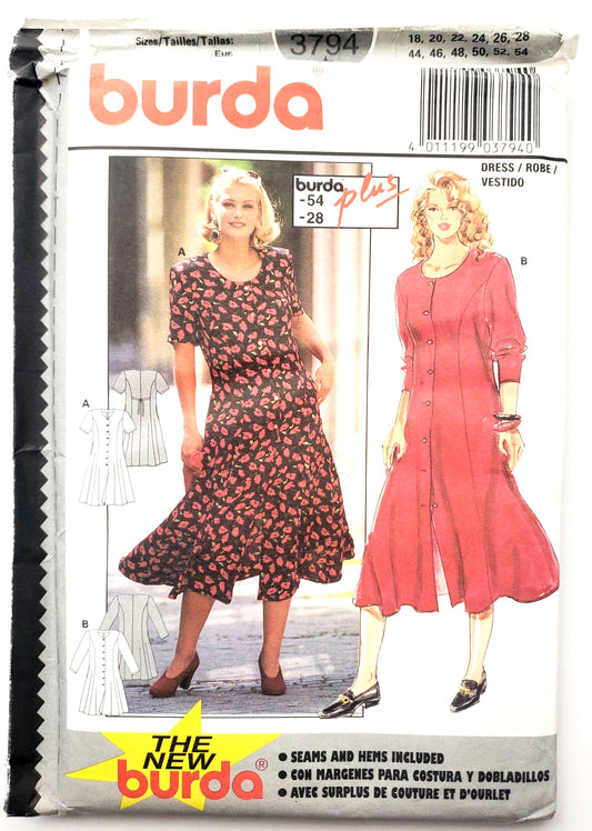 BURDA PLUS, Sewing Pattern 3794, Dress, Buttoned Dress, Short Sleeve, Long Sleeve, Size 18-28