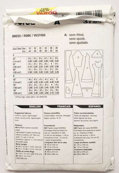 BURDA PLUS, Sewing Pattern 3794, Dress, Buttoned Dress, Short Sleeve, Long Sleeve, Size 18-28
