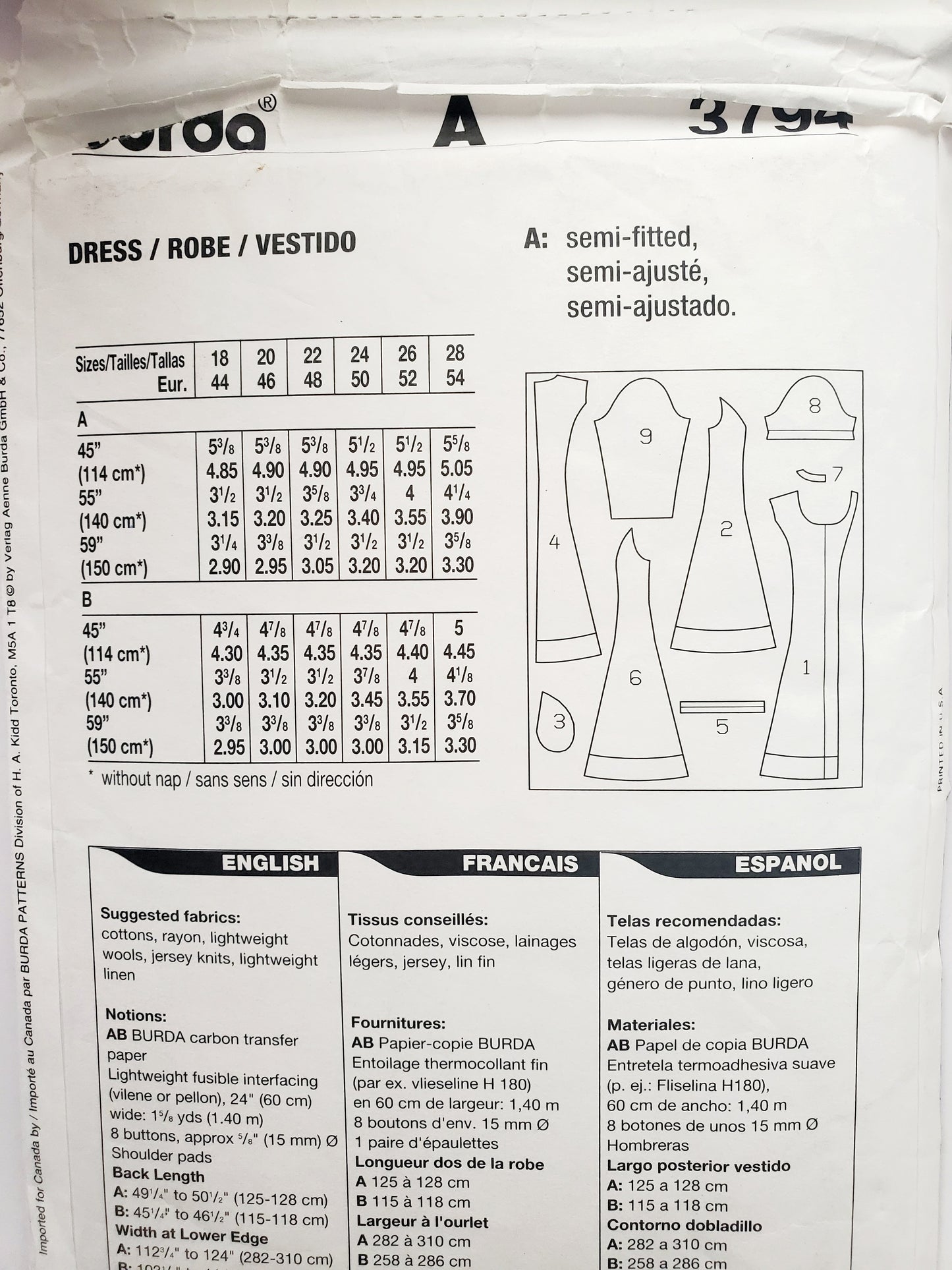 BURDA PLUS, Sewing Pattern 3794, Dress, Buttoned Dress, Short Sleeve, Long Sleeve, Size 18-28