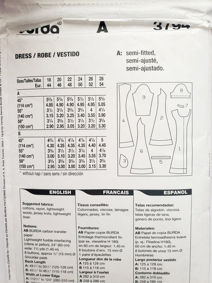 BURDA PLUS, Sewing Pattern 3794, Dress, Buttoned Dress, Short Sleeve, Long Sleeve, Size 18-28