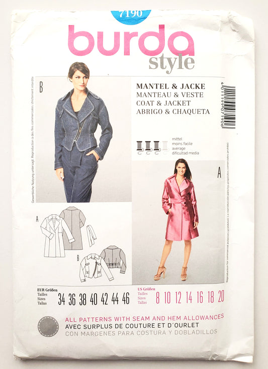 BURDA STYLE, Sewing Pattern 7190, Jacket, Coat, Size 8-20