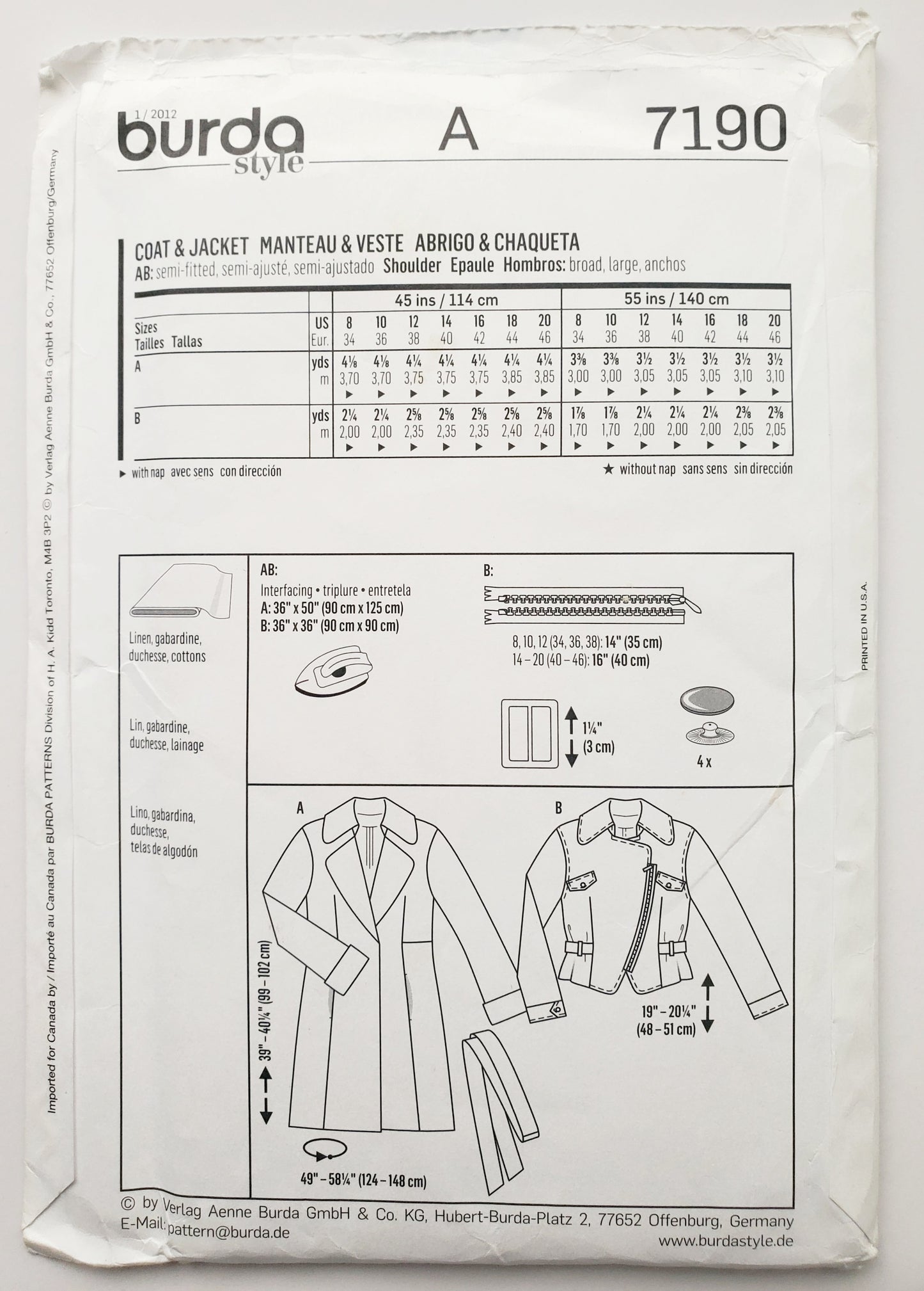 BURDA STYLE, Sewing Pattern 7190, Jacket, Coat, Size 8-20