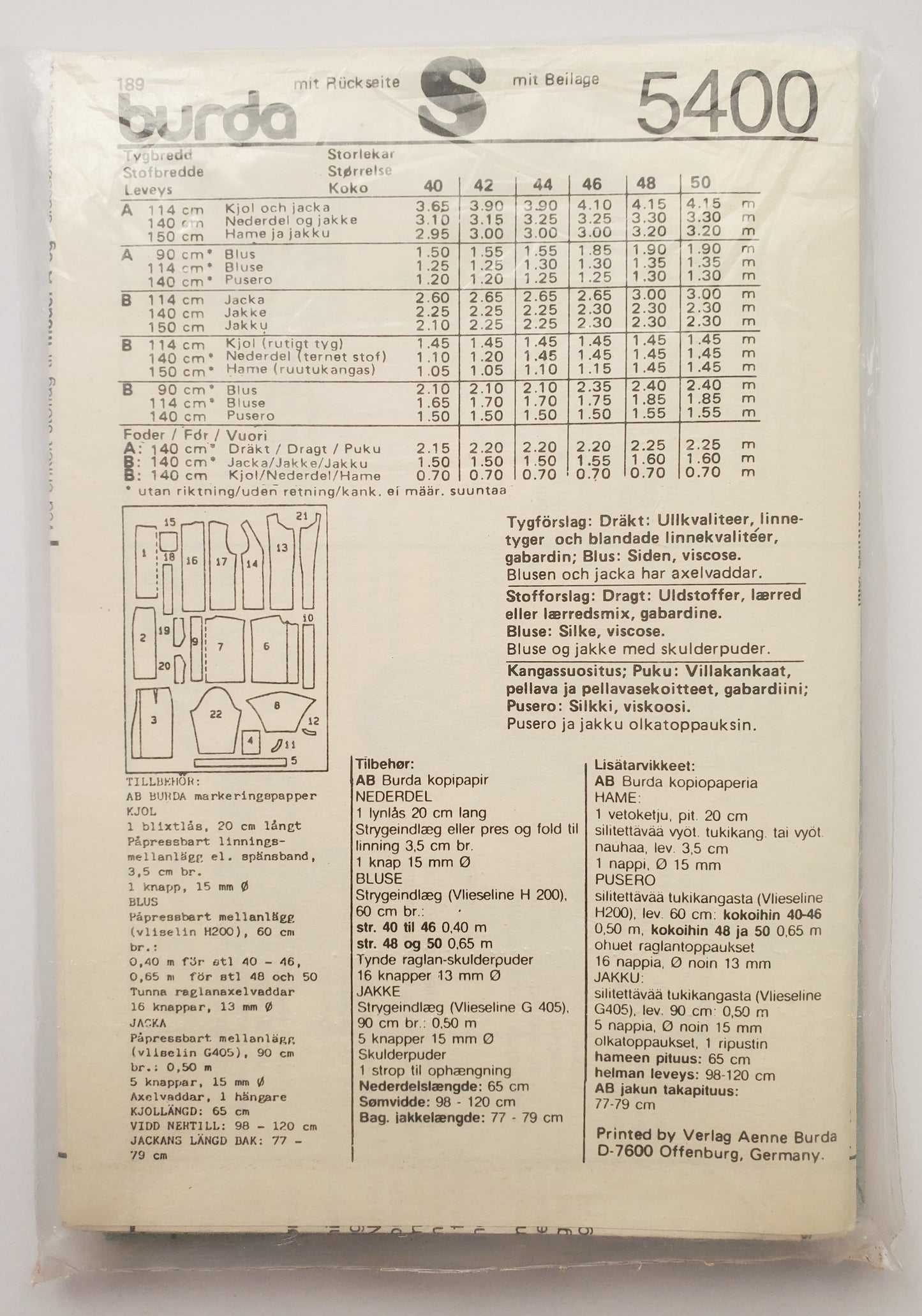 BURDA, Sewing Pattern 5400, Jacket, Skirt, Top, Size 14-20