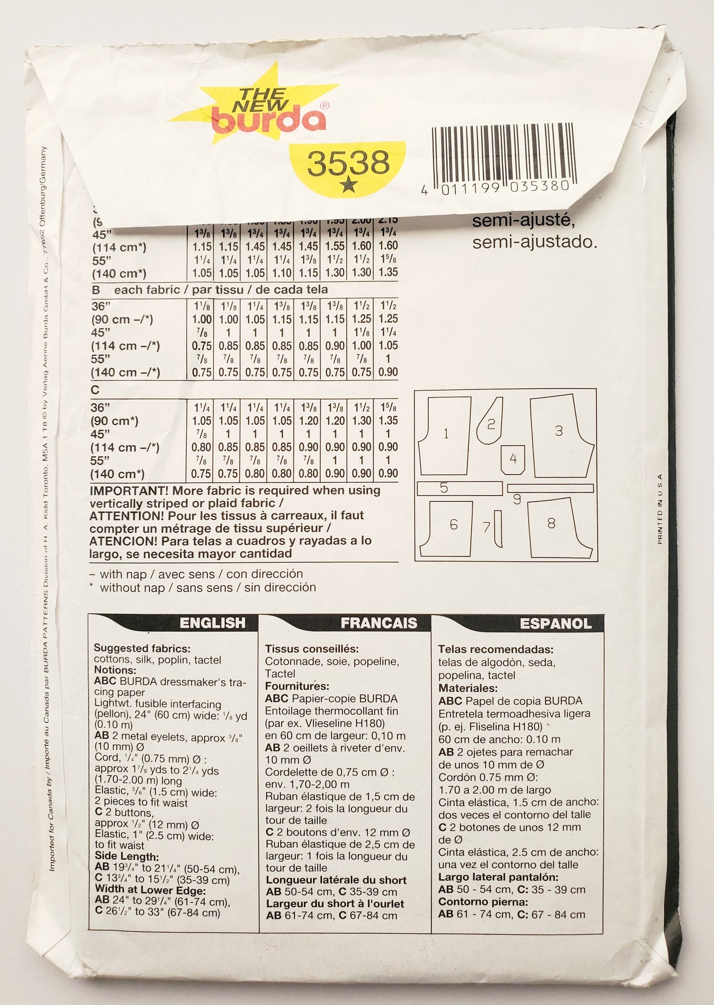 BURDA SUPER EASY, Sewing Pattern 3538, Men's Shorts, Size 36-60