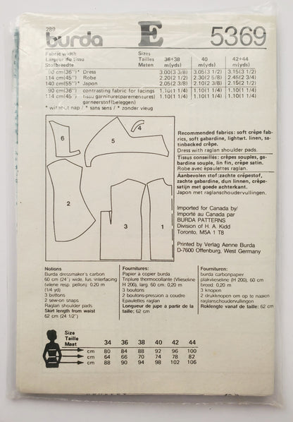 BURDA COLLECTION SPECIAL, Sewing Pattern 5369, Dress with Deep Back V-Neck, Size 10-22