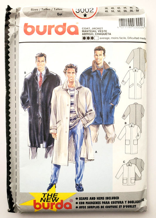 BURDA, Sewing Pattern 3002, Mens Coats, Jackets, with Leather Imitation, Corduroy, Wools.