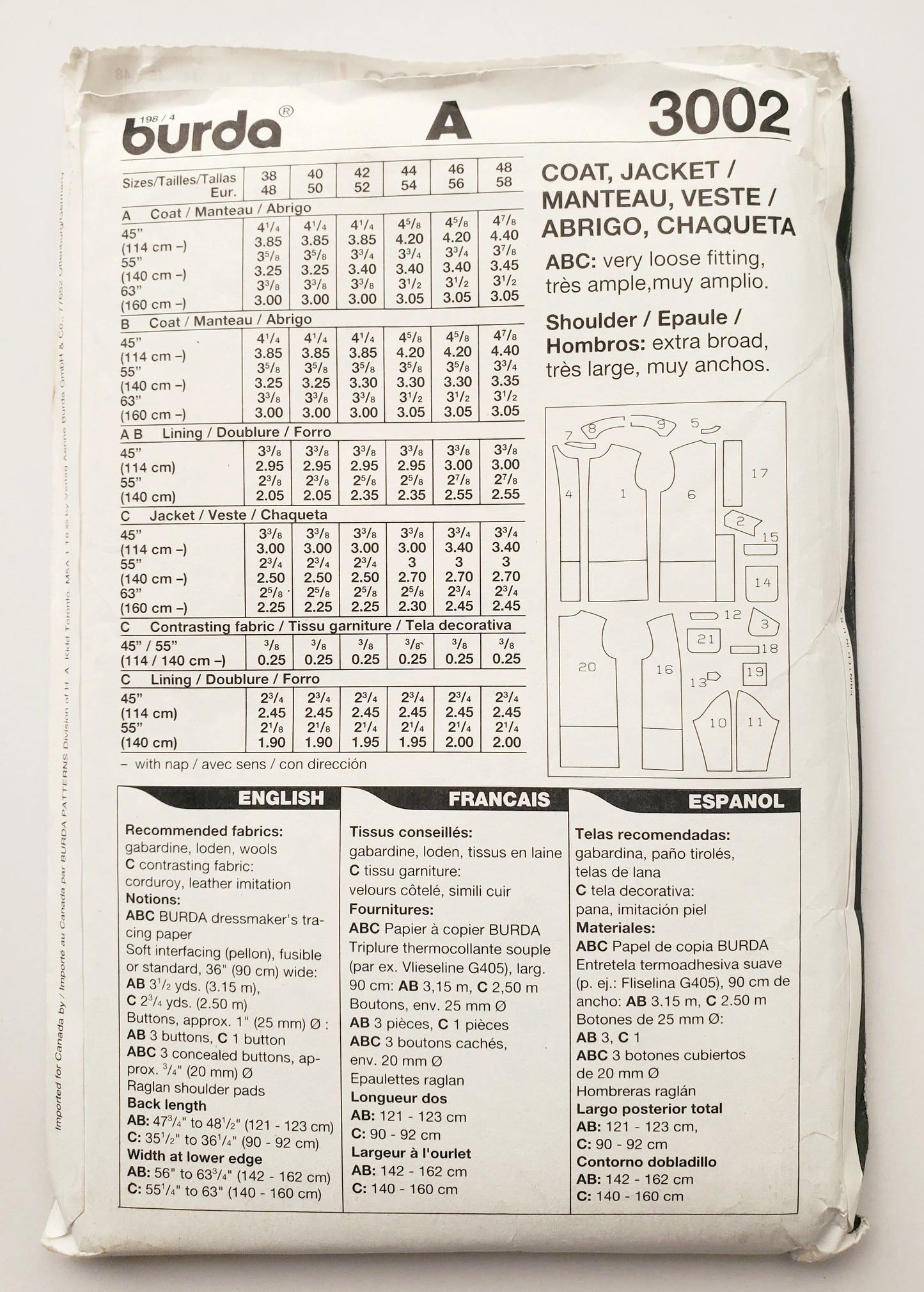 BURDA, Sewing Pattern 3002, Mens Coats, Jackets, with Leather Imitation, Corduroy, Wools.