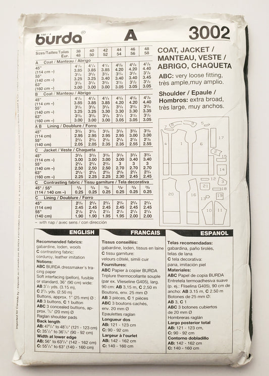 BURDA, Sewing Pattern 3002, Mens Coats, Jackets, with Leather Imitation, Corduroy, Wools.