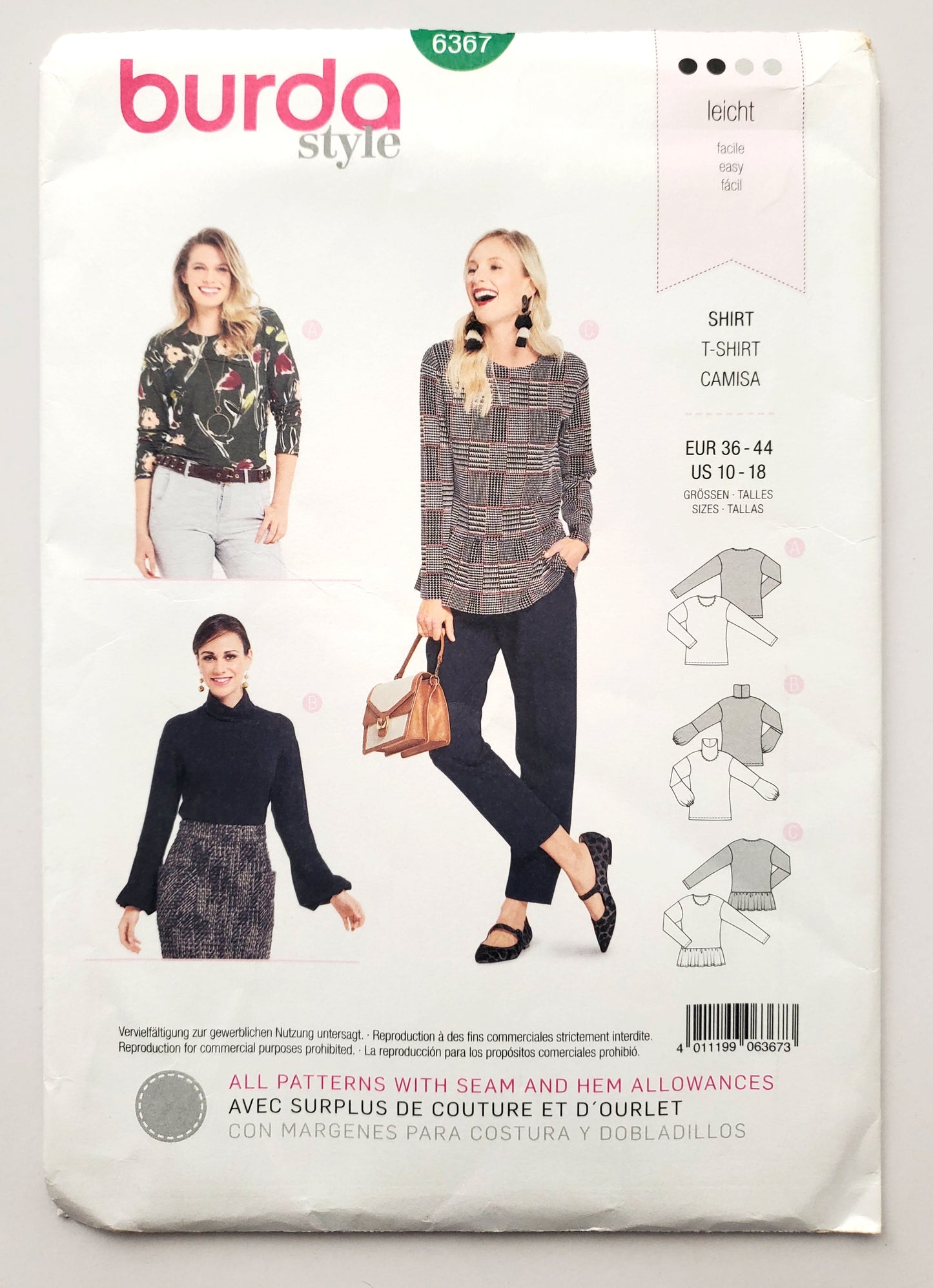 BURDA STYLE, Sewing Pattern 6367, Pull -Over Tops with Neckline Variations, Size 10-18