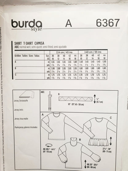 BURDA STYLE, Sewing Pattern 6367, Pull -Over Tops with Neckline Variations, Size 10-18