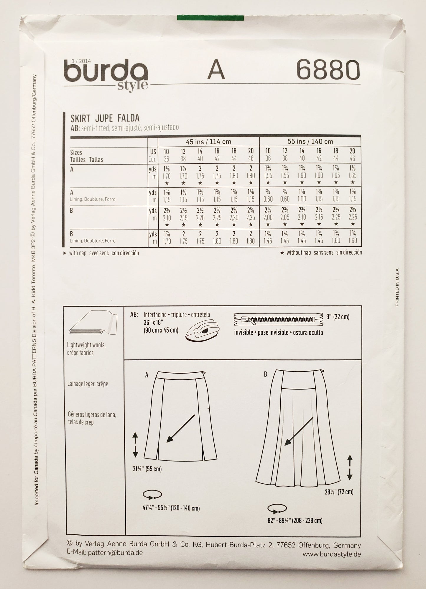 BURDA STYLE, Sewing Pattern 6880, Skirt with Small Slits, Flared Skirt, Size 10-20