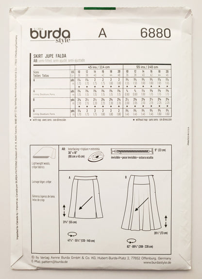 BURDA STYLE, Sewing Pattern 6880, Skirt with Small Slits, Flared Skirt, Size 10-20