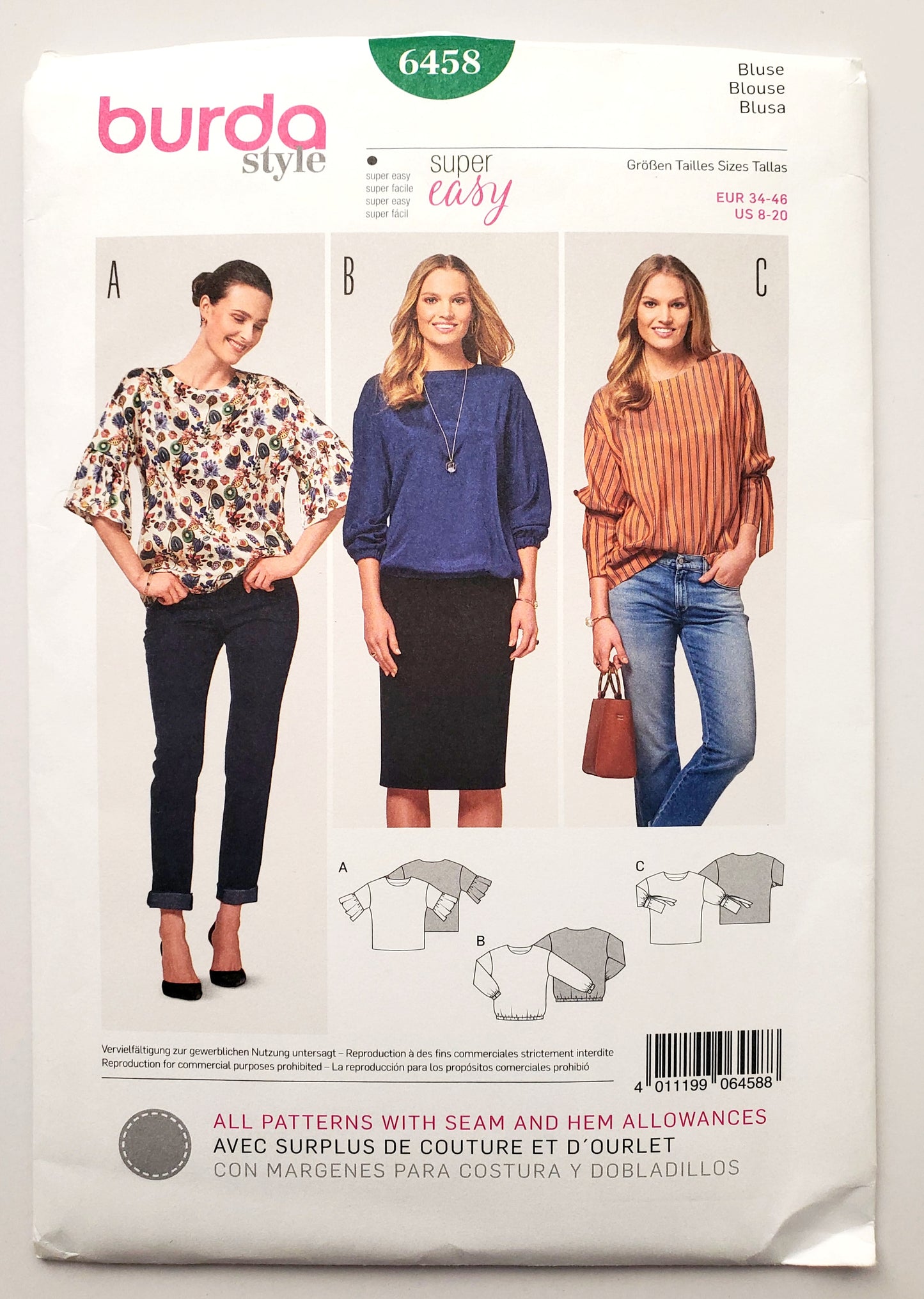 BURDA STYLE, Sewing Pattern 6458, Tops with Sleeve Variations, Ruffle, Elasticated, Tie-Cuff, Size 8-20