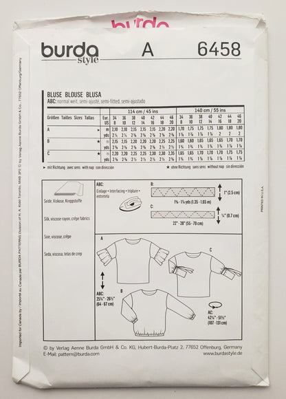 BURDA STYLE, Sewing Pattern 6458, Tops with Sleeve Variations, Ruffle, Elasticated, Tie-Cuff, Size 8-20