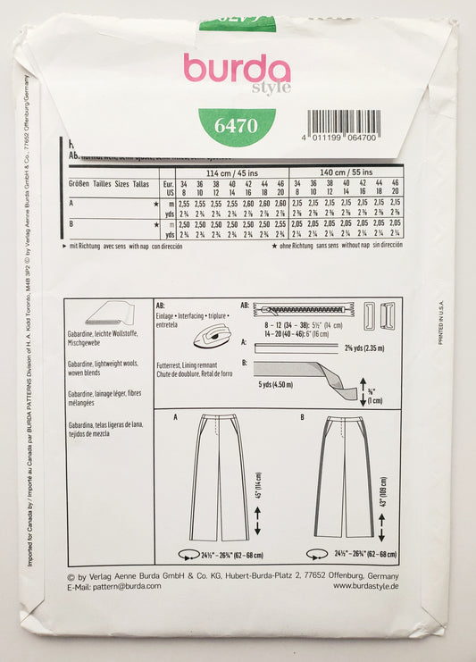 BURDA STYLE, Sewing Pattern 6470, Pants, Size 8-20