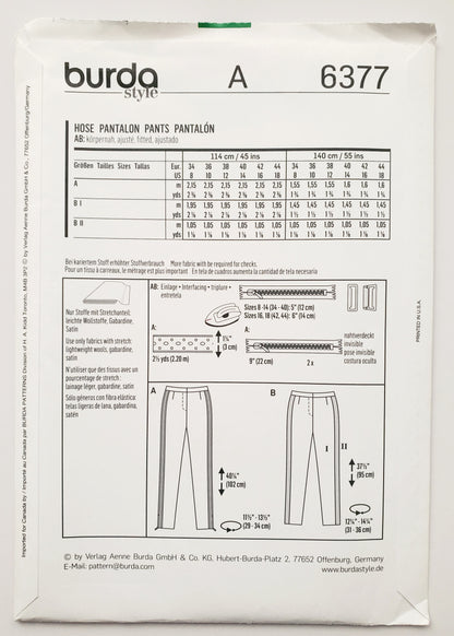 BURDA STYLE, Sewing Pattern 6377, Pants with Decorative Trim, Size 8-18