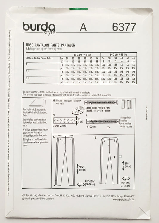 BURDA STYLE, Sewing Pattern 6377, Pants with Decorative Trim, Size 8-18