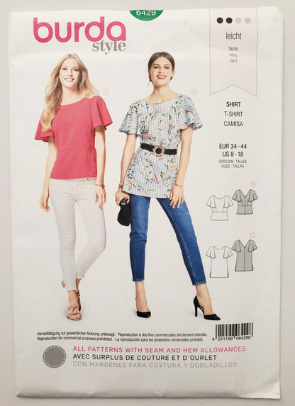 BURDA STYLE, Sewing Pattern 6429, Tops with Flutter Sleeves, Size 8-18