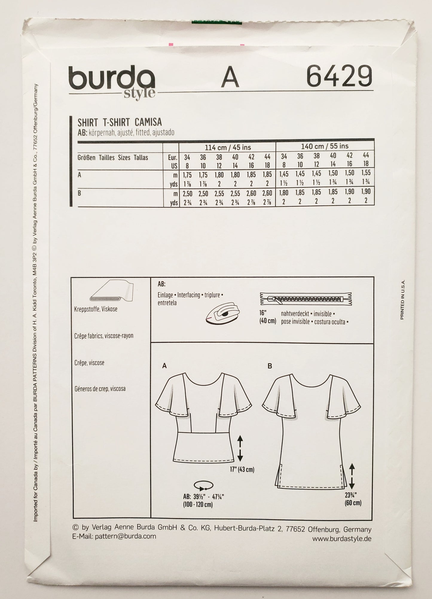 BURDA STYLE, Sewing Pattern 6429, Tops with Flutter Sleeves, Size 8-18