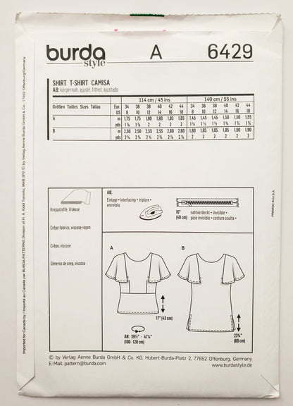 BURDA STYLE, Sewing Pattern 6429, Tops with Flutter Sleeves, Size 8-18