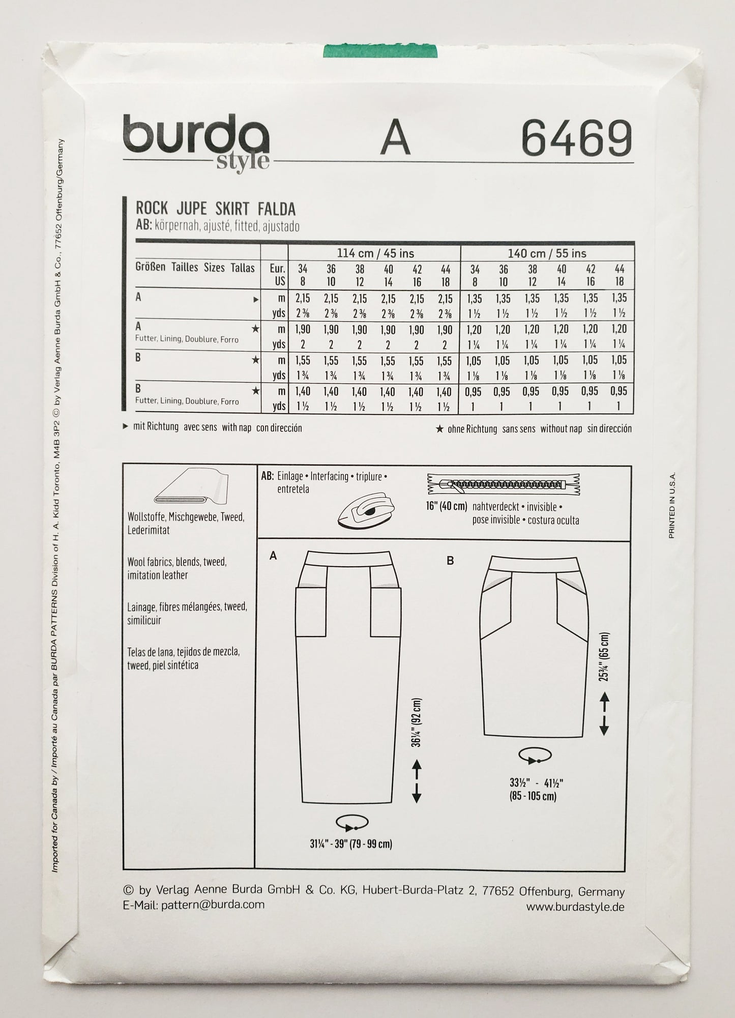BURDA STYLE, Sewing Pattern 6469, Skirt with Pockets, Two Variations, Size 8-18