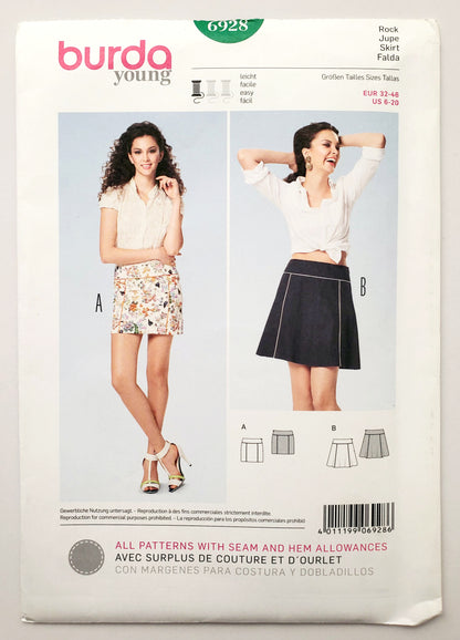 BURDA YOUNG, Sewing Pattern 6928, Short Skirt, Short Flared Skirt, Size 6-20