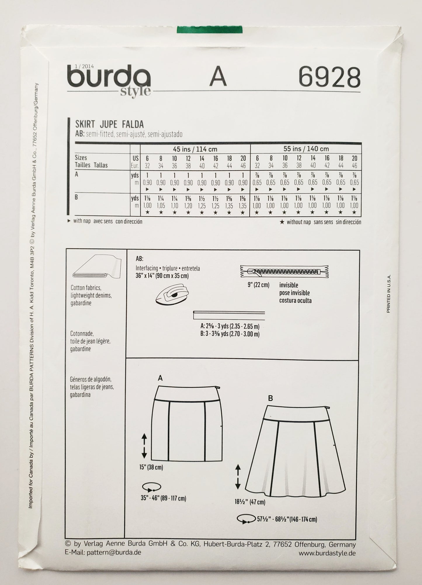 BURDA STYLE, Sewing Pattern 6928, Short Skirt, Short Flared Skirt, Size 6-20