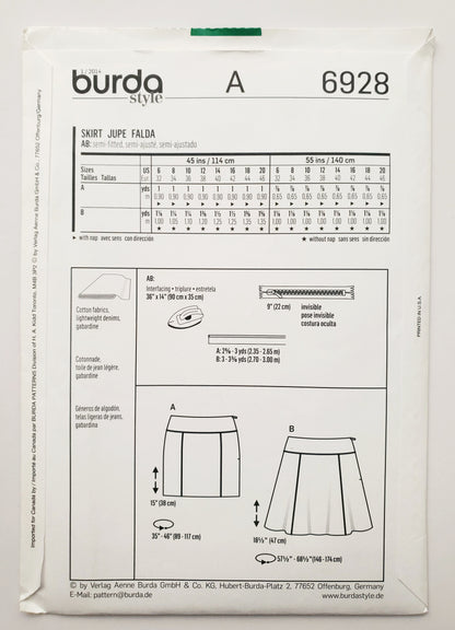 BURDA STYLE, Sewing Pattern 6928, Short Skirt, Short Flared Skirt, Size 6-20