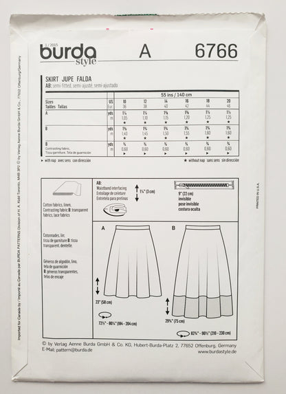 BURDA STYLE, Sewing Pattern 6766, Skirt with Contrast Fabric, Size 10-20