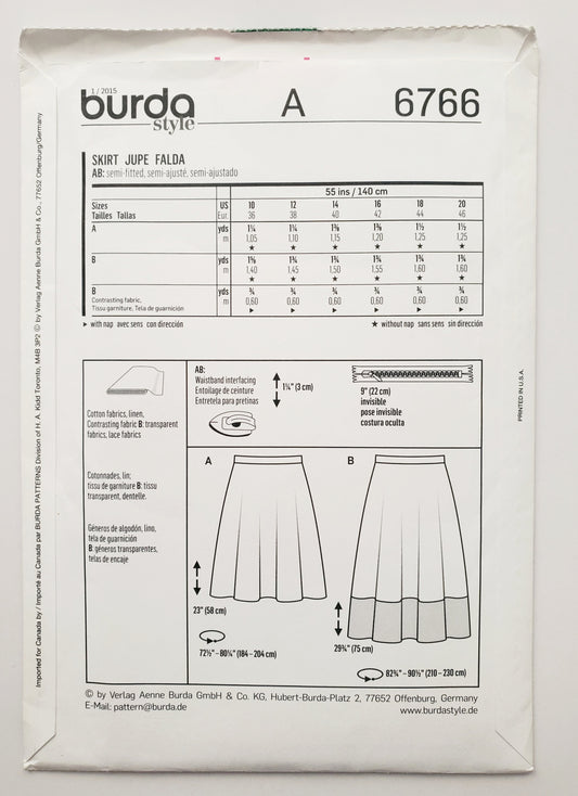 BURDA STYLE, Sewing Pattern 6766, Skirt with Contrast Fabric, Size 10-20