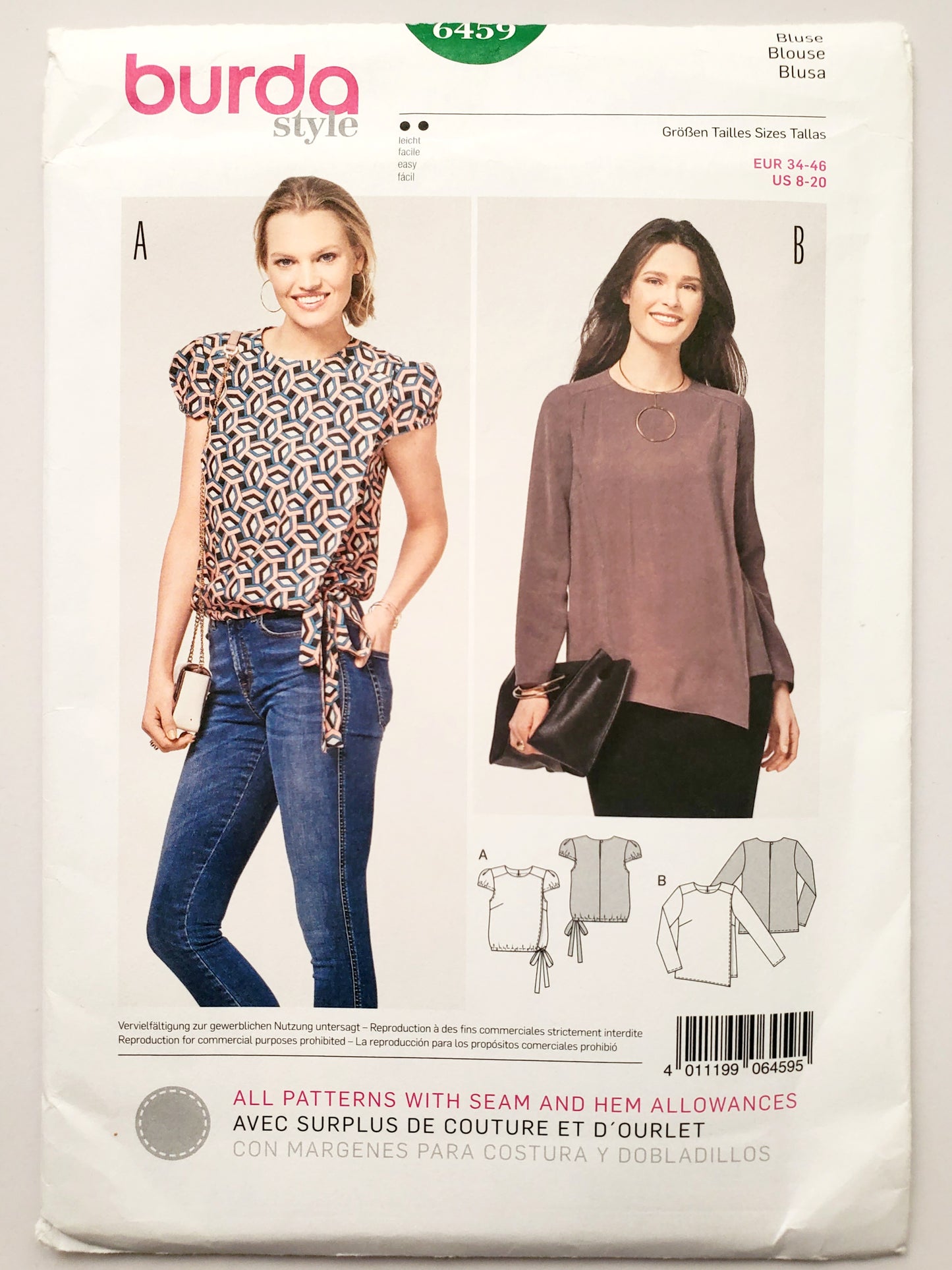 BURDA STYLE, Sewing Pattern 6459, Top Variations with Overlay, Waistline Drawstring, Size 8-20