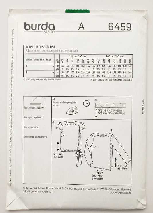 BURDA STYLE, Sewing Pattern 6459, Top Variations with Overlay, Waistline Drawstring, Size 8-20