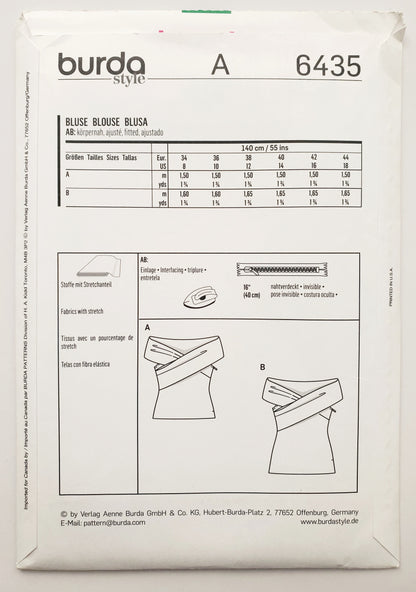 BURDA STYLE, Sewing Pattern 6435, Top with Draped Off-Shoulder Top, Size 8-18