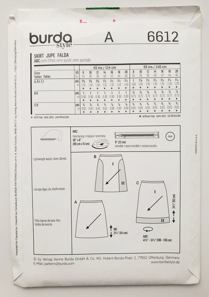 BURDA STYLE, Sewing Pattern 6612, Skirts with Contrast Fabric, Size 8-20