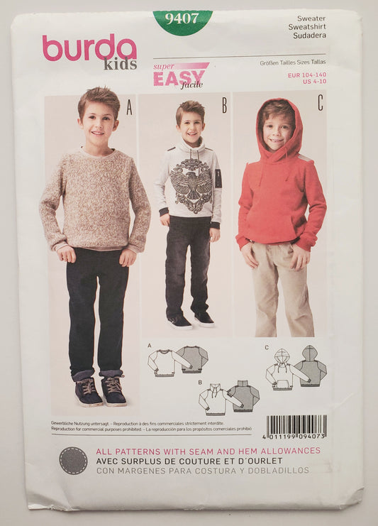 BURDA KIDS, Sewing Pattern 9407, Jumpers, Jumpers with Hoods, High Collar, Boys, Kids, Size 4-10