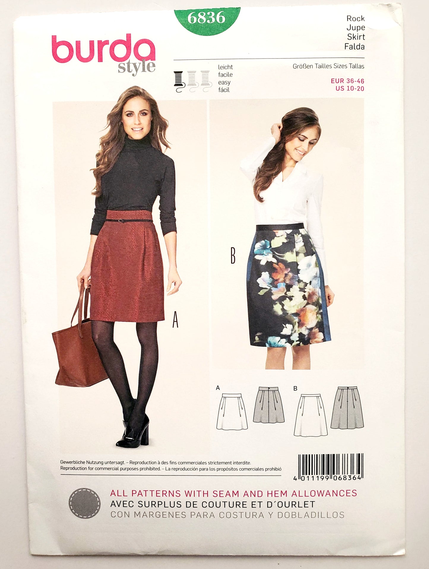 BURDA STYLE, Sewing Pattern 6836, Knee Length Skirts, or Above Knee, With Soft Darts, Size 10-20