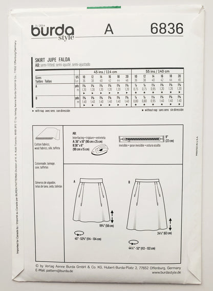 BURDA STYLE, Sewing Pattern 6836, Knee Length Skirts, or Above Knee, With Soft Darts, Size 10-20