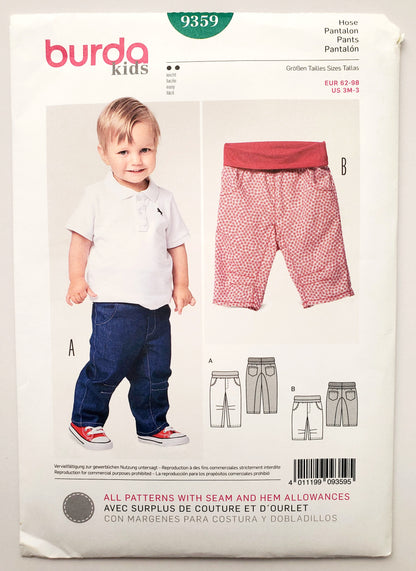 BURDA KIDS, Sewing Pattern 9359, Pants with Knit Ribbing For Waistband, Kids, Toddlers, Size 3M-3