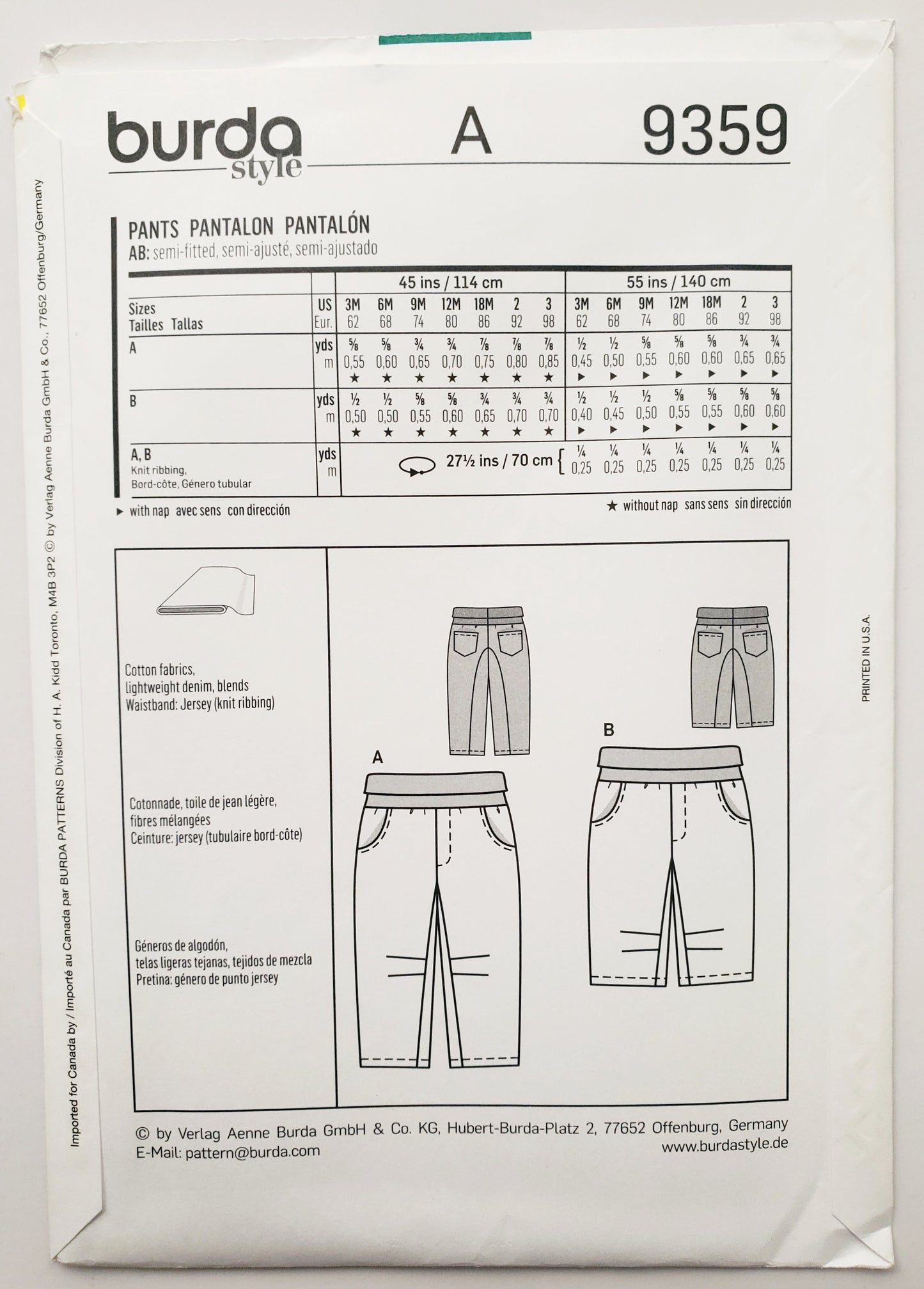BURDA KIDS, Sewing Pattern 9359, Pants with Knit Ribbing For Waistband, Kids, Toddlers, Size 3M-3