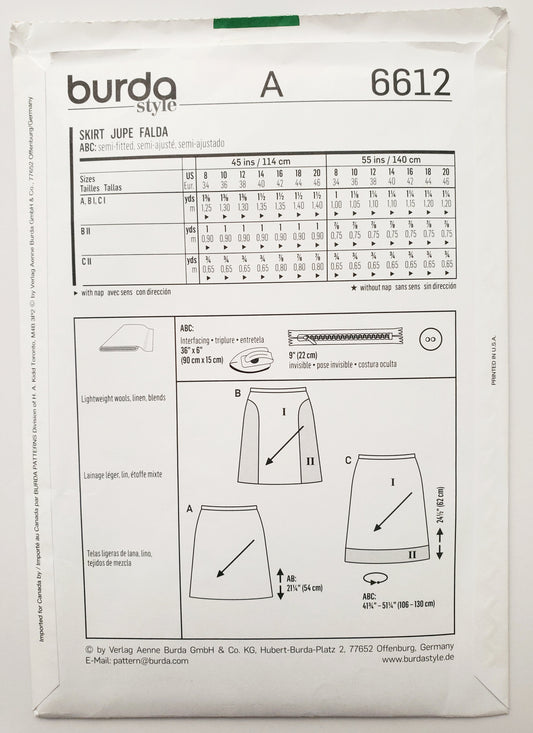 BURDA STYLE, Sewing Pattern 6612, Skirts with Contrast Fabric, Size 8-20