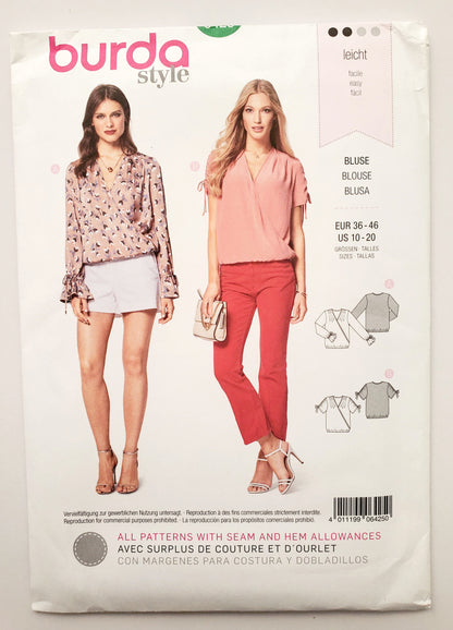 BURDA STYLE, Sewing Pattern 6425, Tops with Ruched Short Sleeves, Long Sleeves with Drawstring Cuffs,   Size 10-20