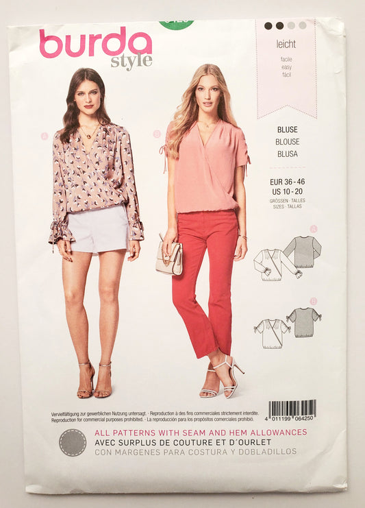 BURDA STYLE, Sewing Pattern 6425, Tops with Ruched Short Sleeves, Long Sleeves with Drawstring Cuffs,   Size 10-20
